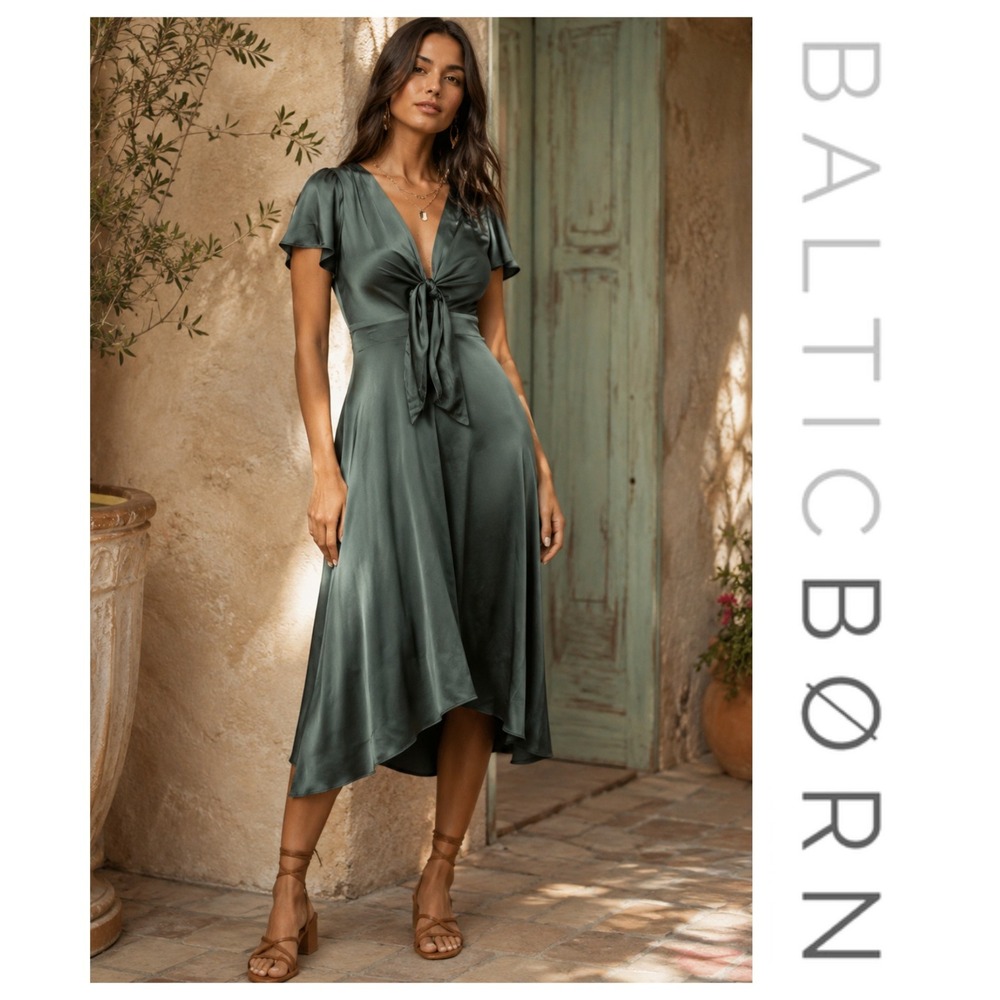 New Baltic Born Green Poppy Satin Front Tie Midi Dress 3XL Quiet Luxury NWT